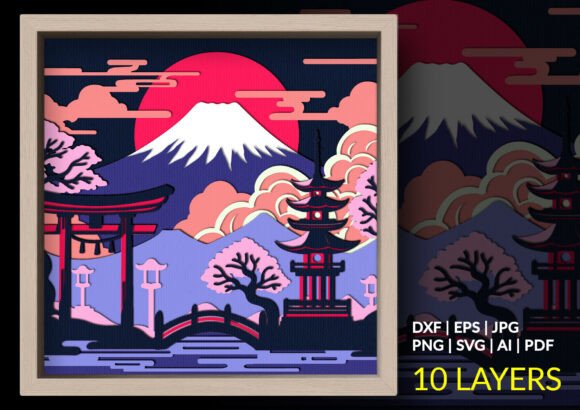3D SVG Japanese Pagoda Mount Fuji Shadow Box for Premium Branding