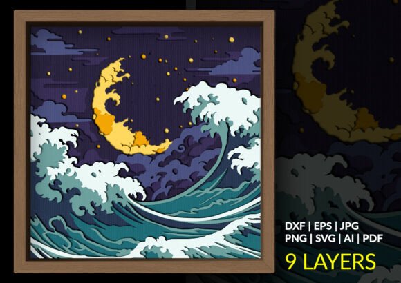 3D SVG Shadow Box Art: Great Wave Moon Design for Visual Storytelling