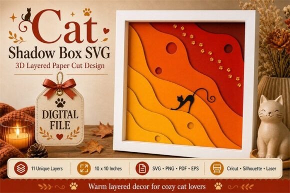 Cat Shadow Box SVG Layered Paper Art β 3D SVG for Playful Brand Elegance