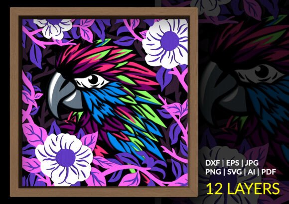 Colorful Parrot & Tropical Flowers 3D SVG for Shadow Box Design
