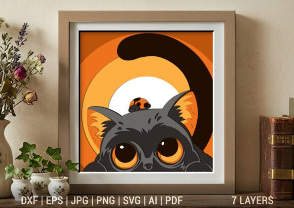Cute Peeking Cat with Ladybug 3D SVG Shadow Box for Branding