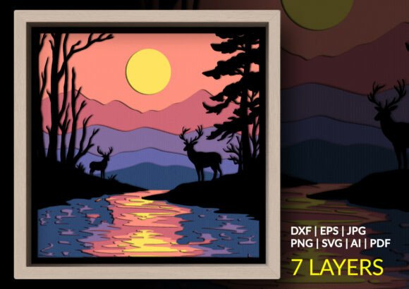 Lake Deer Sunset Shadow Box 3D SVG for Real Business Branding