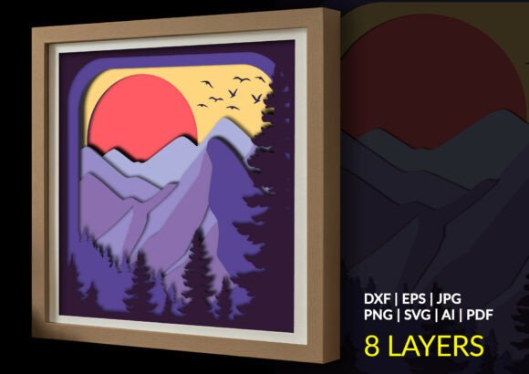 Purple Mountain Sunset Landscape with Bi: A 3D SVG Shadow Box for Visual Storytelling