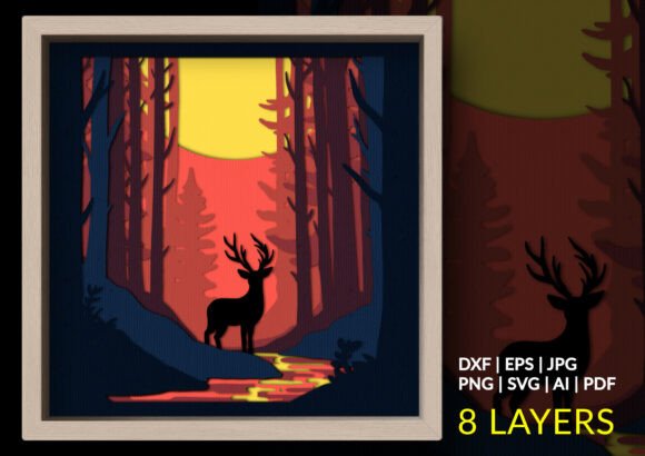 Sunset Deer Forest Shadow Box: 3D SVG for Nature-Inspired Branding