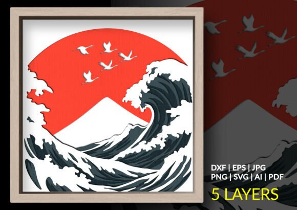 The Great Wave Cranes Shadow Box – A 3D SVG for Elegant Handmade Designs