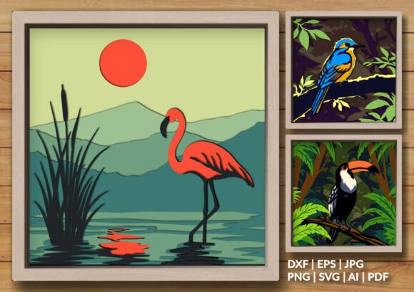 Trio of Tropical Birds Bundle Shadow Box: 3D SVG Designs for Bold Visual Branding