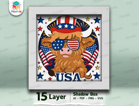 USA Highland Cow Shadow Box SVG: A 3D SVG for Independence Day Campaigns